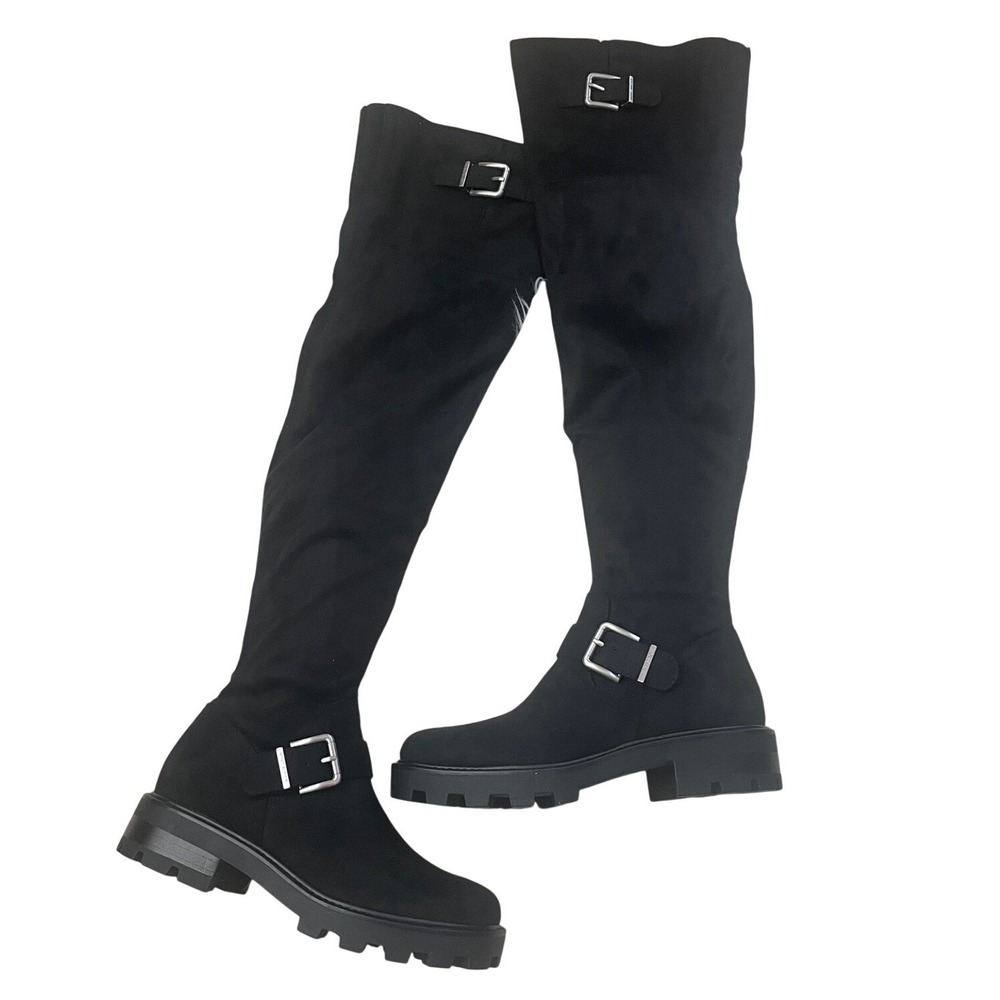 NWT Nine West Nans Over The Knee Boots Black Lug Sole Buckle Size 6.5 Black